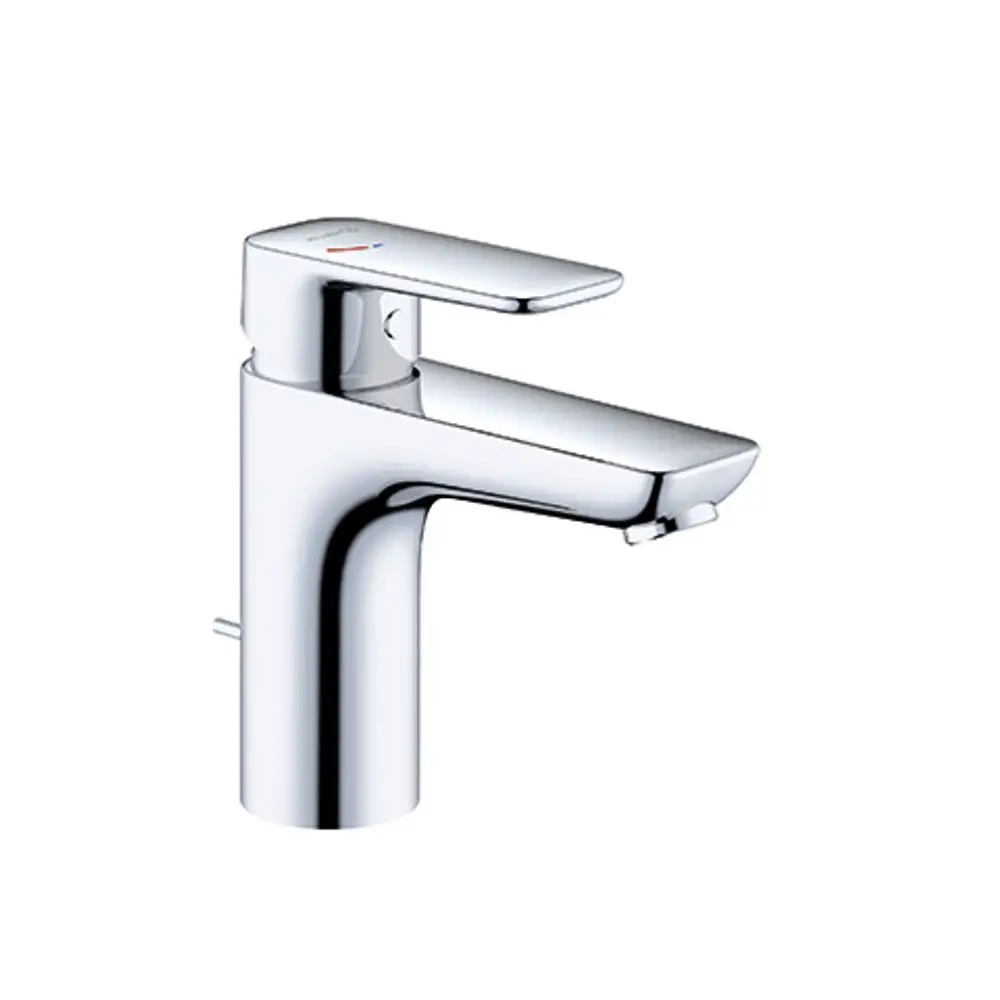 Waschtischarmatur in Chrom von Kludi mit einem lever zur Wassersteuerung und einem integrierten Metallablauf. Schlichtes, funktionales Design für Badezimmeranwendungen.